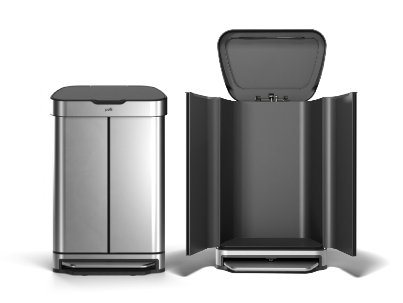 A Pulli Bin shown closed, and beside it the same bin with both front doors swung fully open